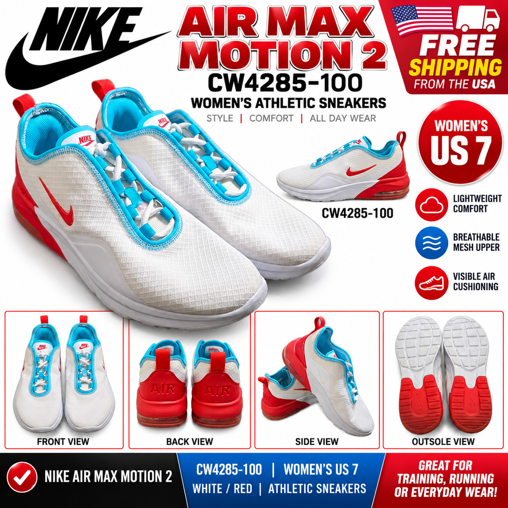 Nike Air Max Motion 2 Women's Size 7 White Red Blue Sneakers CW4285-100 Shoes